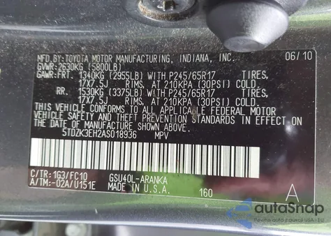2010 Toyota Highlander Base V6 z USA, uszkodzony, nr VIN 5TDZK3EH2AS018936